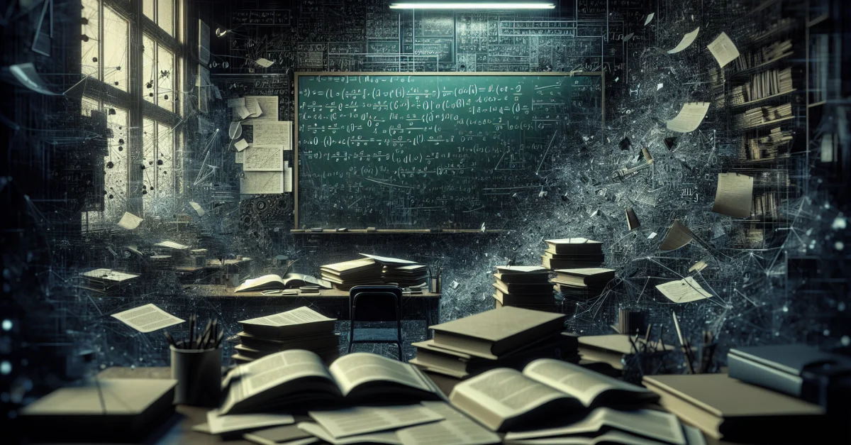 A cluttered teacher's desk with textbooks and notes, illustrating the challenges in ensuring quality and accuracy of educational materials.