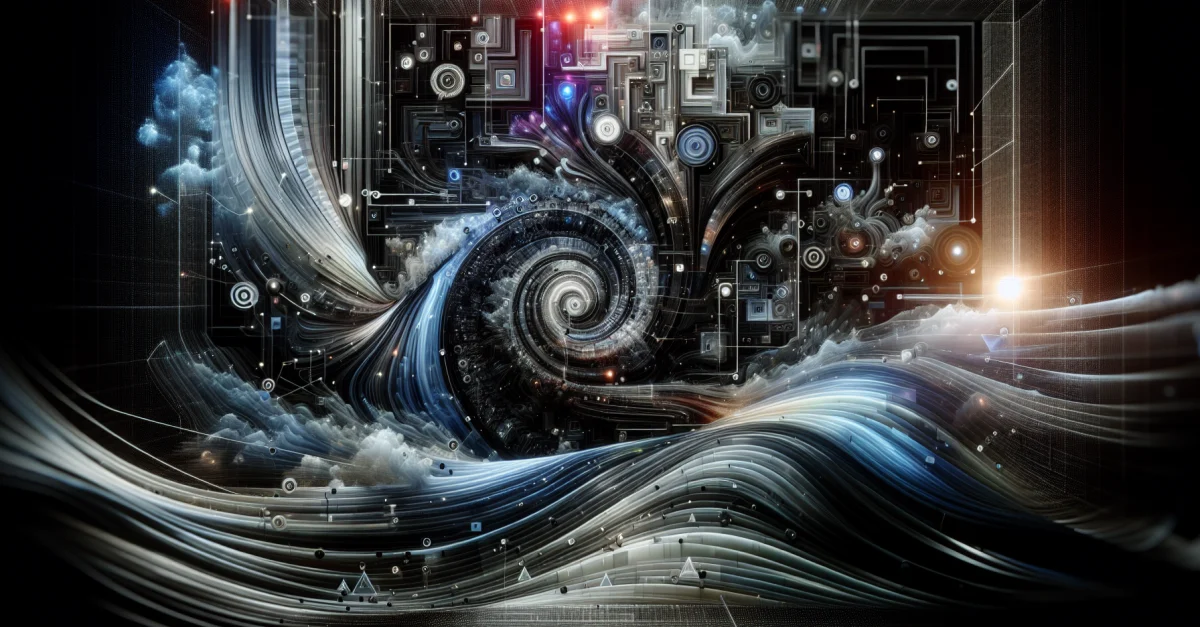 Abstract representation of AI image generation with futuristic patterns and shapes symbolizing the algorithms behind the technology.