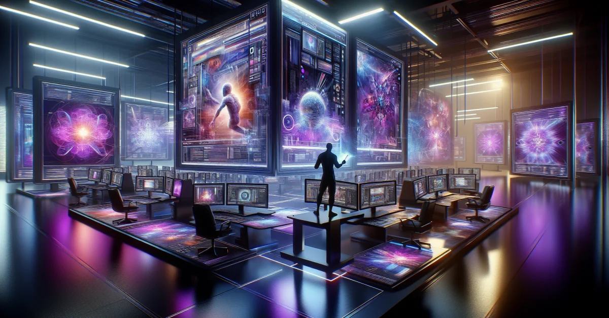 Modern graphic generation technology showcasing the new ChatGPT Images 2.0. Multiple screens display consistent images in a futuristic workspace.