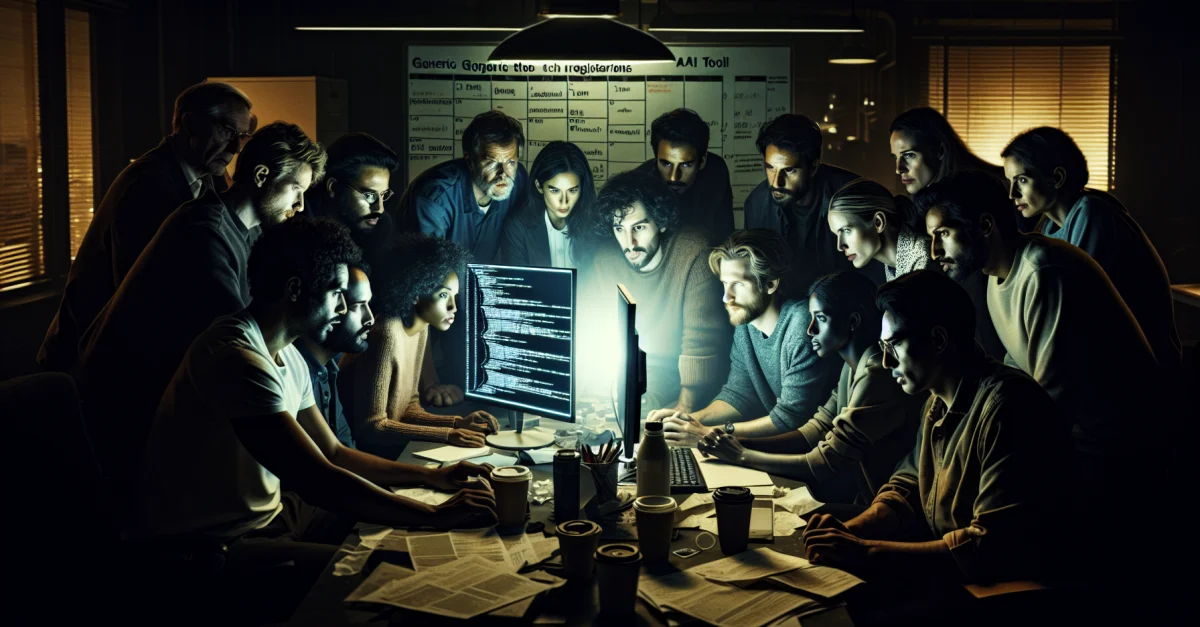 Entwickler diskutieren in einem Büro über die vorübergehende Pause bei Neuanmeldungen für GitHub Copilot aufgrund hoher Ressourcenanforderungen.