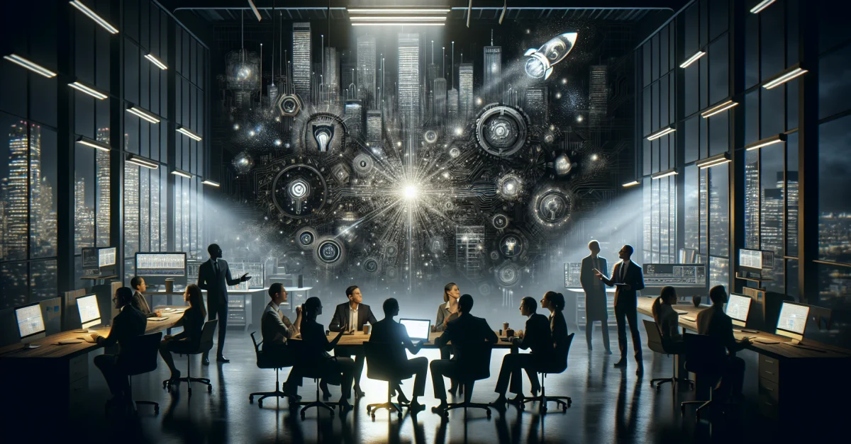 Eine Gruppe von Fachleuten diskutiert in einem modernen Büro über die Auswirkungen von Automatisierung und Künstlicher Intelligenz auf die Arbeitswelt und menschliche Interaktion.