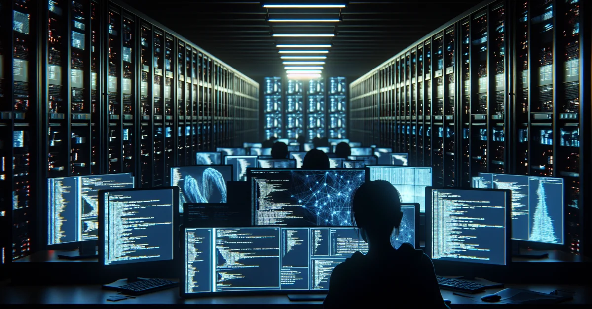 Ein besorgter Entwickler in einem dunklen Raum, umgeben von Bildschirmen, die Telemetriedaten anzeigen. Die Atmosphäre spiegelt Sorgen um Privatsphäre wider.