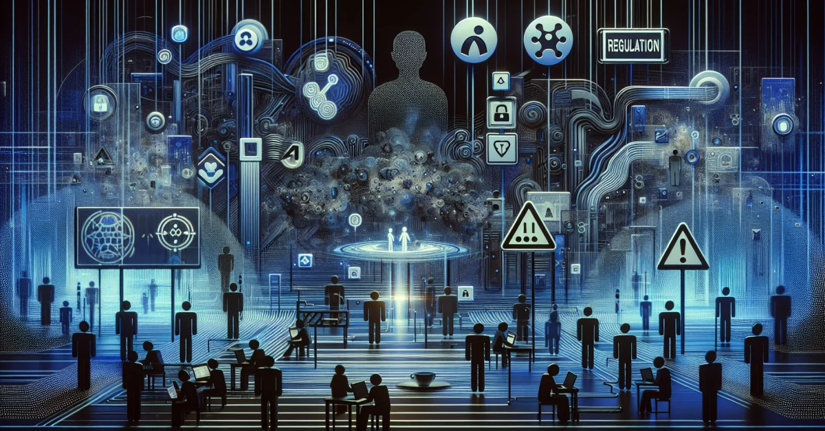 Eine digitale Landschaft, die die Auswirkungen der KI-Regulierung auf die Nutzung von Anwendungen darstellt, mit Symbolen für Einschränkungen.