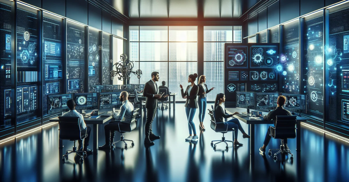 Ein modernes Arbeitsumfeld mit einem Team von Forschern, die an fortschrittlichen KI-Technologien arbeiten, symbolisiert die Gründung von Core Automation durch Jerry Tworek.
