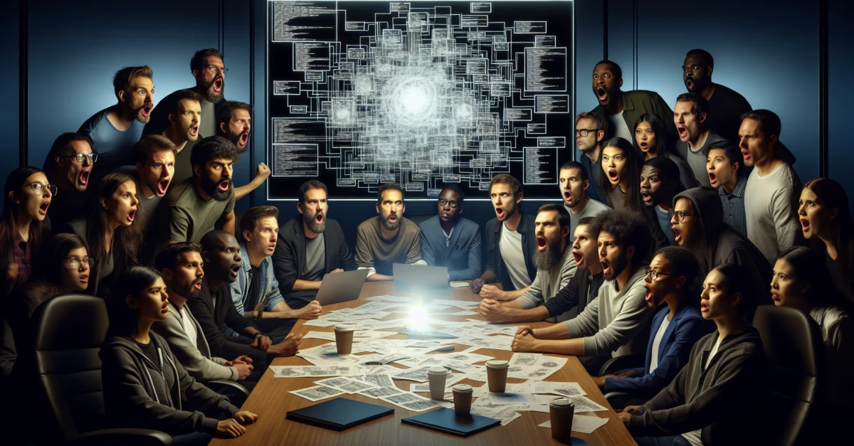 Softwareentwickler diskutieren in einem modernen Büro über Softwarearchitektur. Ihre Mimik zeigt die Spannung zwischen Begeisterung und Pragmatismus.
