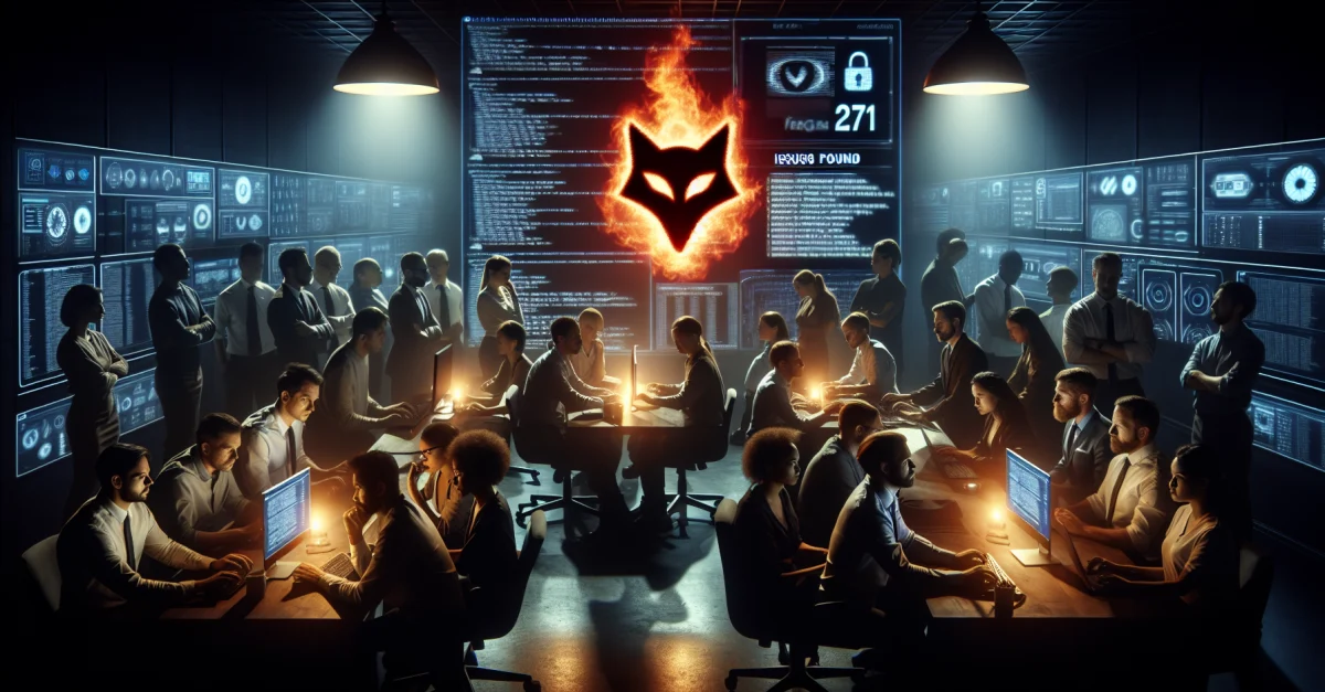 Cybersecurity-Experten analysieren Firefox-Sicherheitslücken in einem dunklen Büro. Dringlichkeit und Besorgnis sind spürbar.