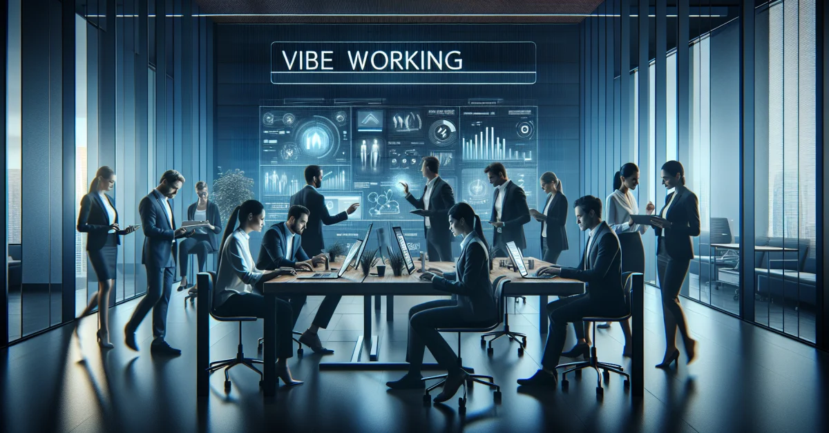 Moderne Büroumgebung mit Fachleuten, die Microsofts neue 'Vibe Working'-Funktionen nutzen. Fokus auf Zusammenarbeit und Produktivität.
