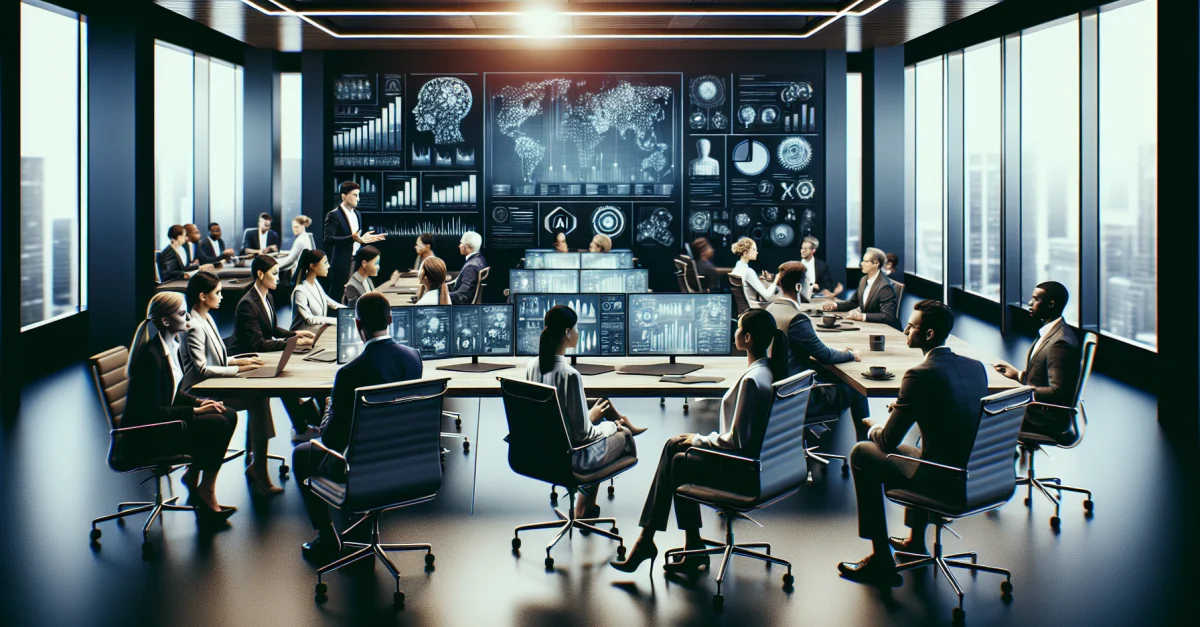 Professionelle in einem modernen Büro diskutieren die Auswirkungen von GPT-5.5 auf Unternehmen. Die Szene zeigt Dringlichkeit und Aufregung über KI-Technologien.