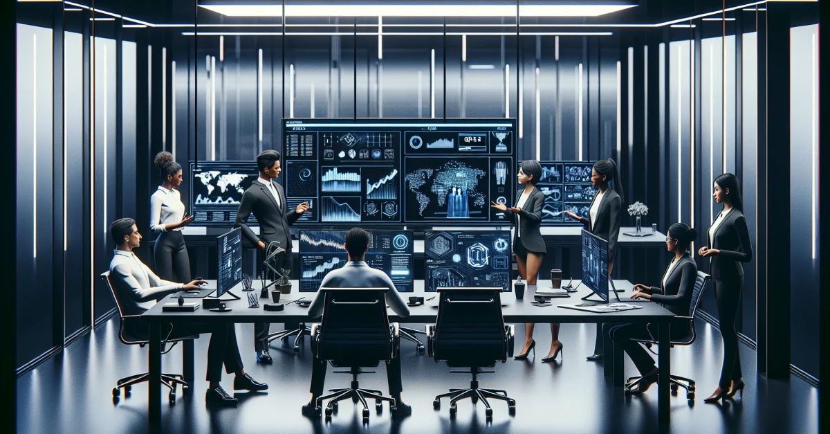 Professionelle diskutieren über die Fortschritte von GPT-5.5 in einem modernen Büro. Fokus auf Leistungsfähigkeit und Risiken der KI-Technologie.