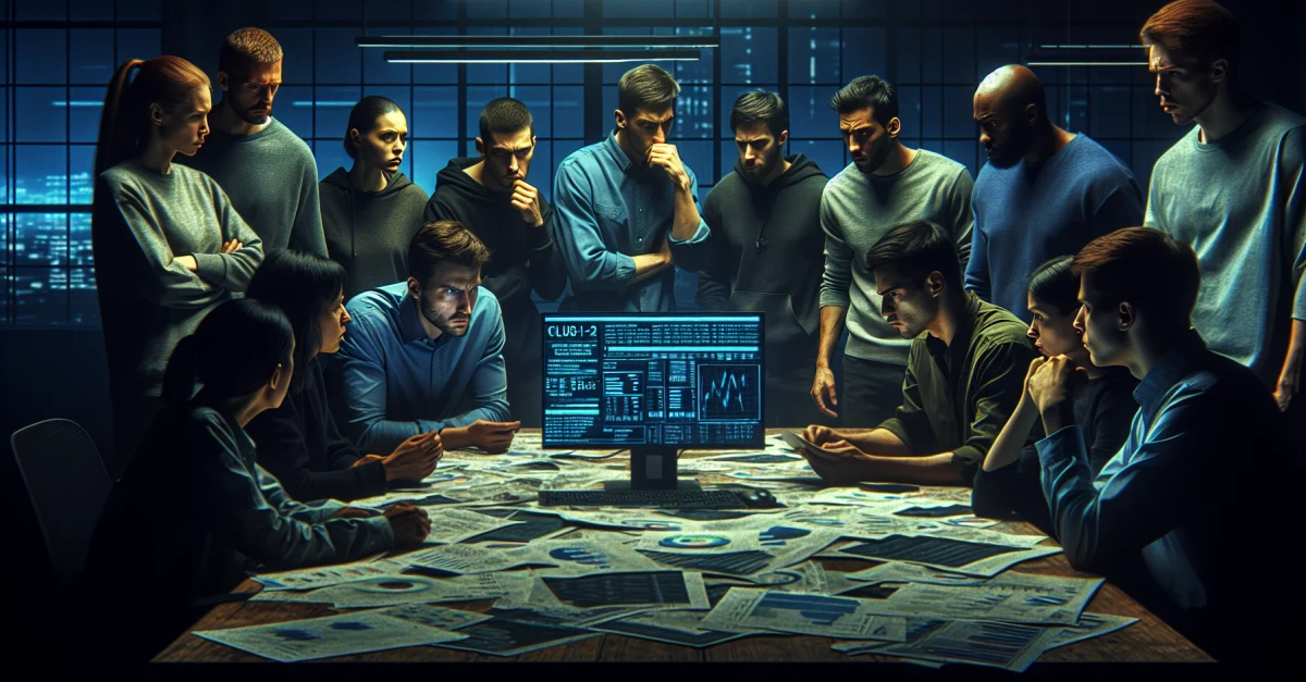 Anthropic engineers discuss quality issues with Claude Code in a dim office. The atmosphere is tense, highlighting the urgency to improve performance and regain trust.