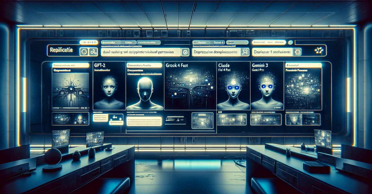 Eine futuristische Darstellung von KI-Modellen, die auf depressive Personas reagieren. Die Modelle sind visuell differenziert, mit einem Fokus auf ethische Überlegungen.