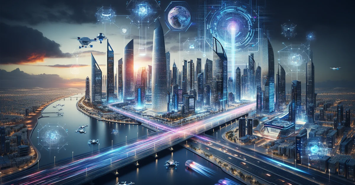 Futuristische Stadtansicht der VAE mit KI-Technologie in Regierungsoperationen. Drohnen und smarte Fahrzeuge prägen das Bild der Innovation.