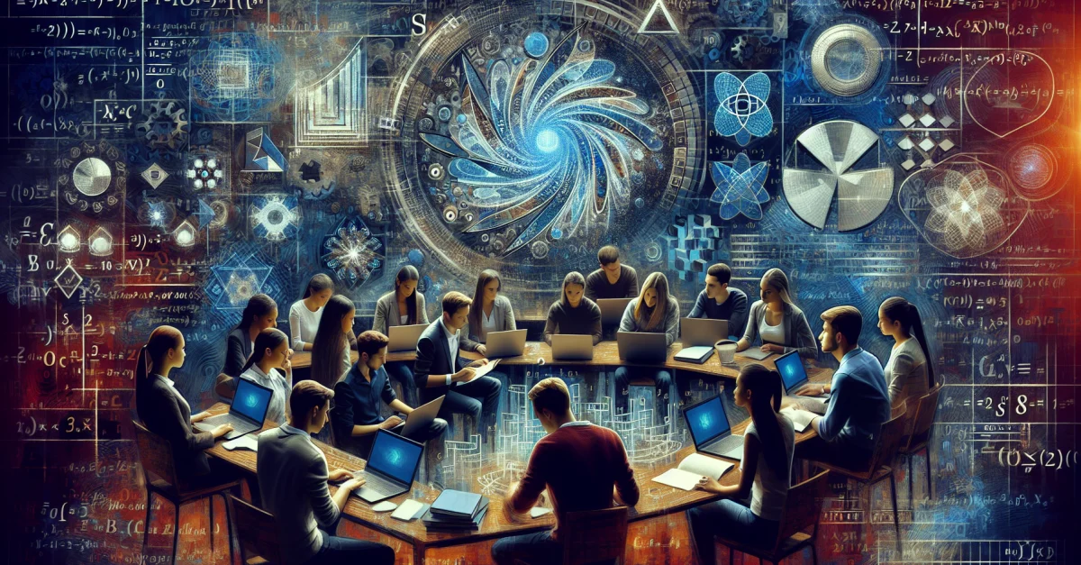 Eine Gruppe von Schülern löst gemeinsam Mathematikprobleme mit Hilfe eines neuen Datensatzes von MIT. Der Fokus liegt auf Bildung und KI-Entwicklung.