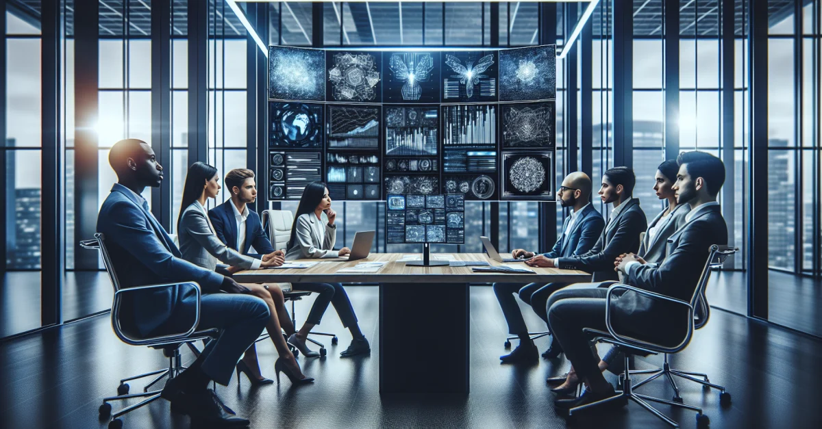 Professionelle in modernem Büro diskutieren über OpenAI's GPT-5.5, umgeben von Bildschirmen mit komplexen Daten und KI-Modellen.