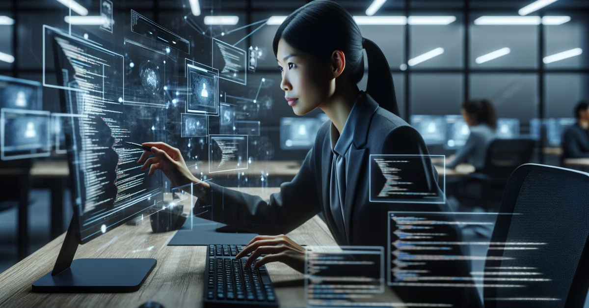 A programmer focused on a computer in a modern office, surrounded by digital interfaces and code. The image reflects the impact of generative AI on the job market.