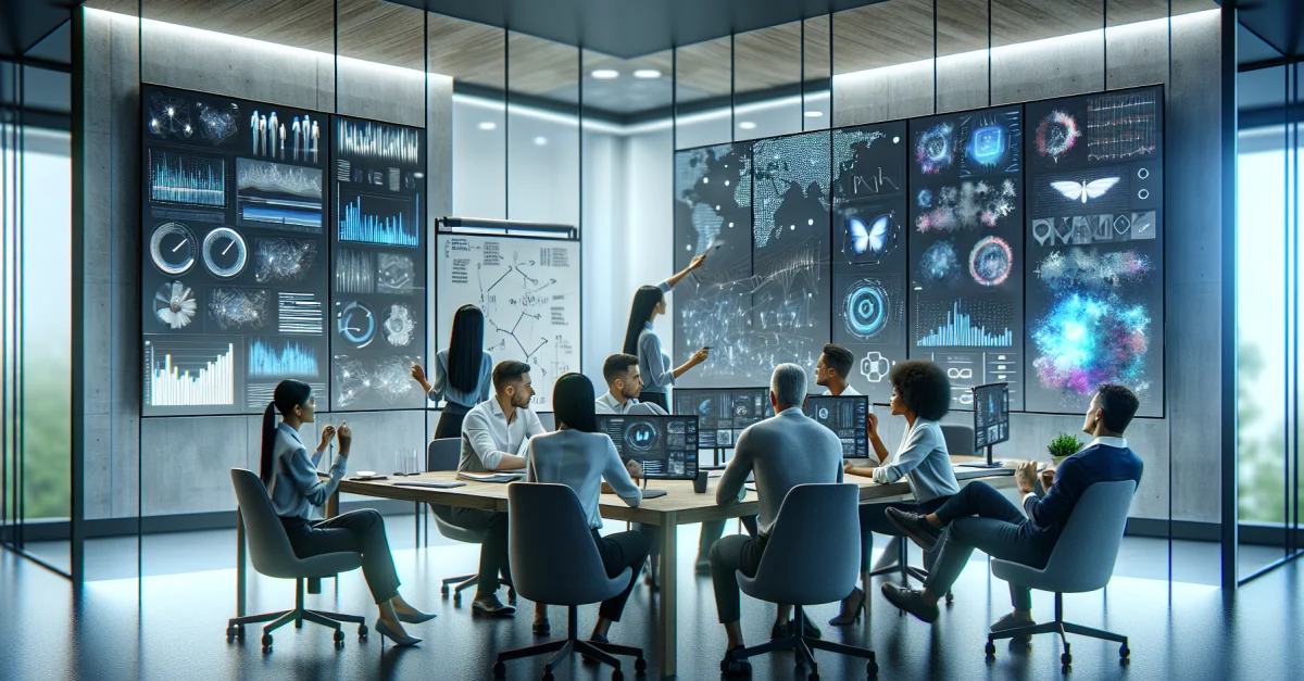 A modern office with a diverse team engaged in a brainstorming session. Digital screens display AI-generated images, showcasing collaboration and innovation.