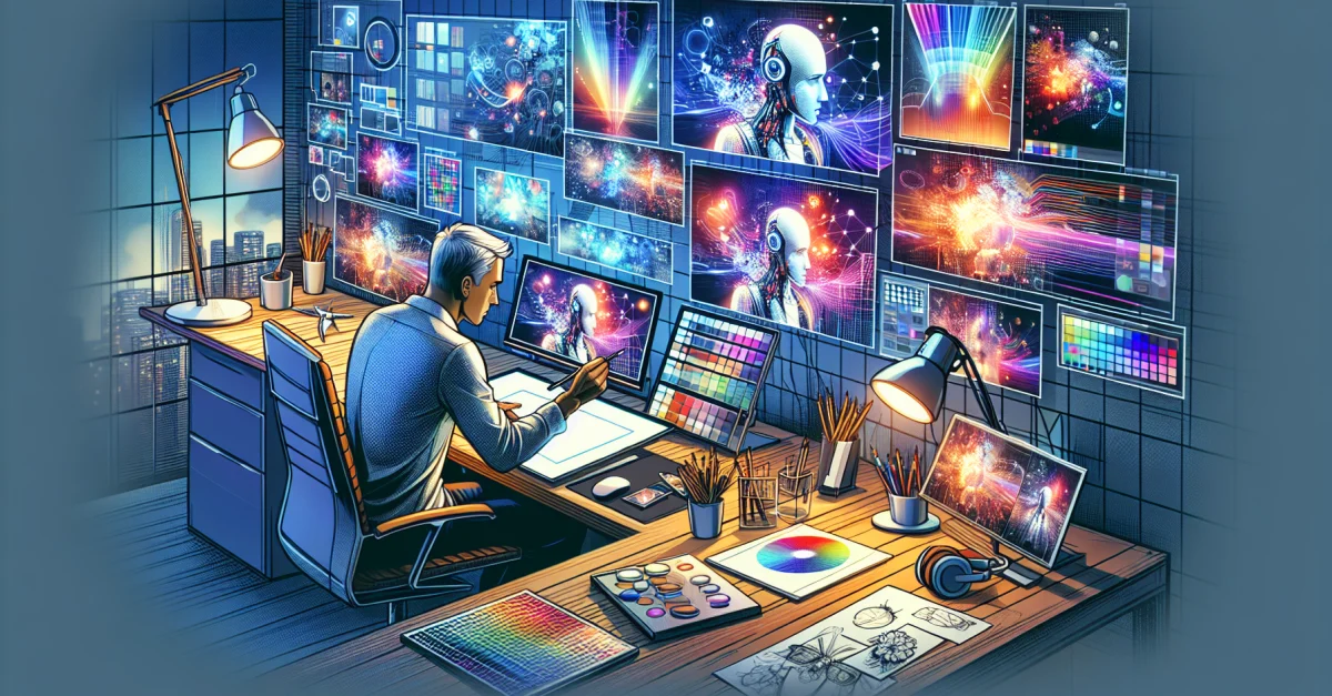 A digital artist in a modern workspace creating stunning visuals with AI technology. The scene features creative elements and a dynamic work environment.