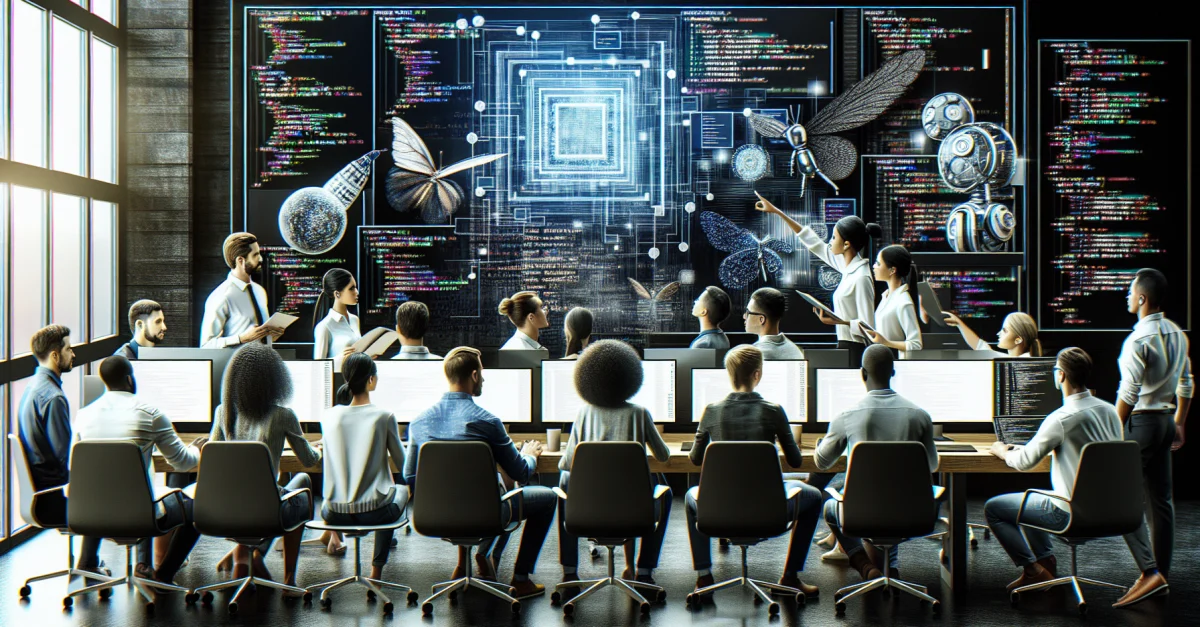 Eine Gruppe von Software-Ingenieuren arbeitet in einem modernen Büro zusammen, um die Zusammenarbeit zwischen Mensch und KI zu zeigen.