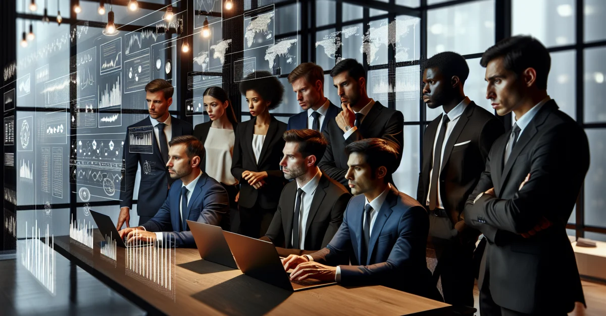 Investmentbanker diskutieren in einem modernen Büro über die Eignung von KI-generierten Berichten. Skeptische Mienen und technische Geräte prägen die Szene.