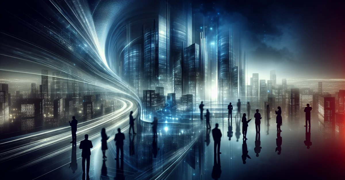 Futuristische Stadtansicht, die die Partnerschaft zwischen Microsoft und OpenAI symbolisiert, mit modernen Gebäuden und geschäftlichen Silhouetten.