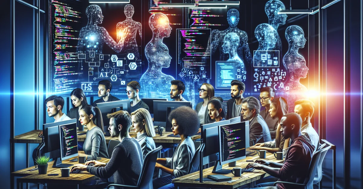Diverse group of individuals working intensely on coding in a modern tech environment, participating in an AI Agents course.