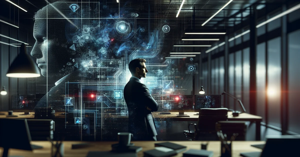 Sam Altman, CEO von OpenAI, in einem futuristischen Büro, das Innovation und strategisches Denken symbolisiert. Die Bildsprache betont Anpassungsfähigkeit.