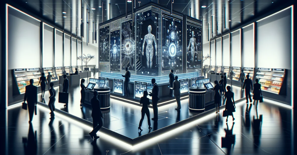 Futuristischer Marktplatz mit KI-Agenten, die mit menschlichen Käufern interagieren. Innovative Einkaufsprozesse und digitale Displays sind sichtbar.