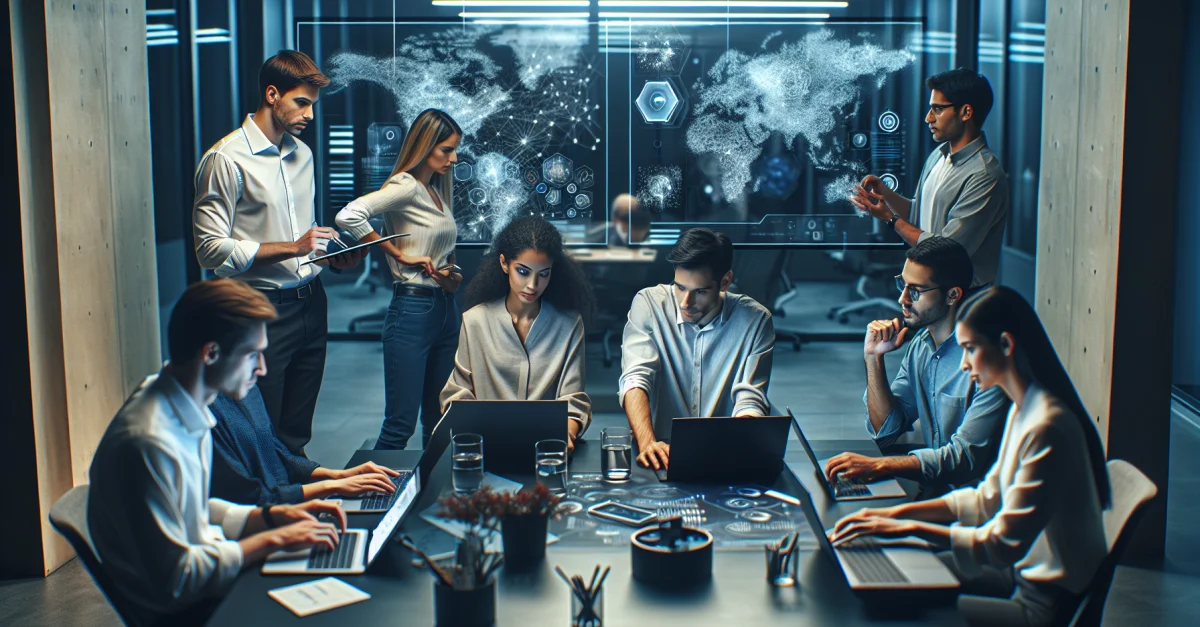 Ein Team von Fachleuten arbeitet in einem modernen Büro an der Integration von KI in Unternehmensprozesse. Die Atmosphäre ist dynamisch und innovativ.
