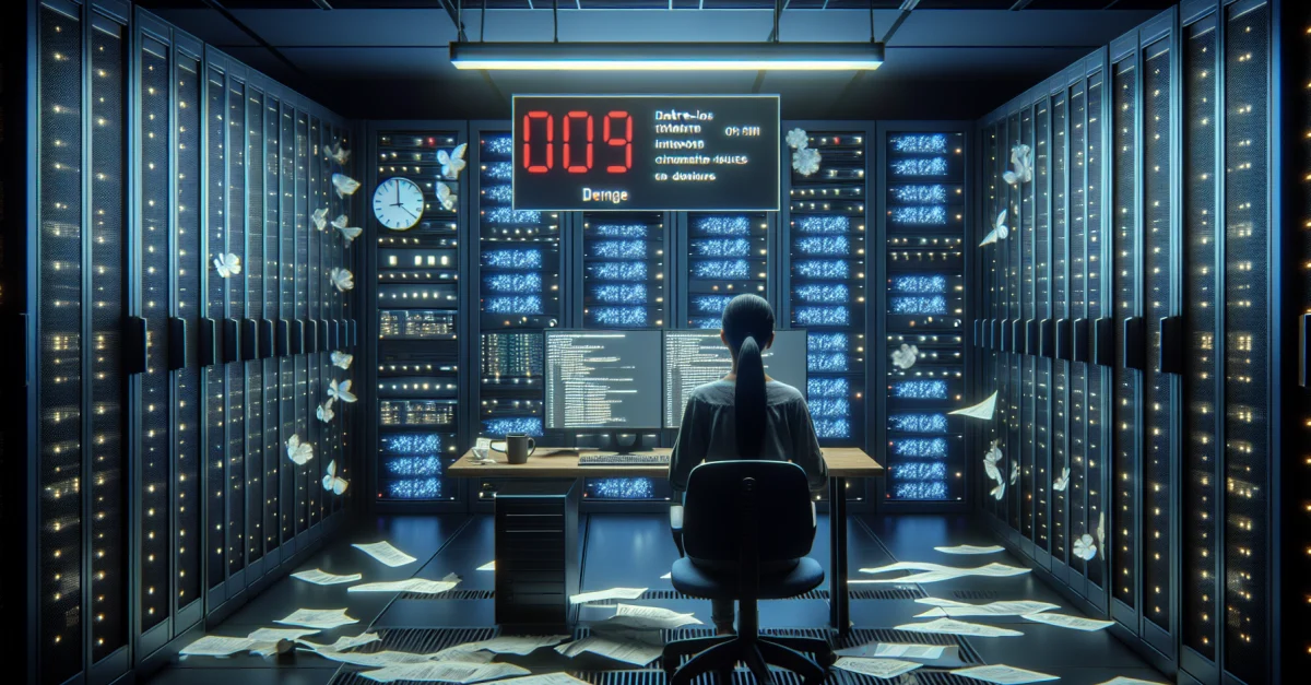 Ein Techniker in einem Serverraum sieht entsetzt auf einen Bildschirm mit Fehlermeldungen, der die Dringlichkeit eines Datenverlusts durch KI zeigt.