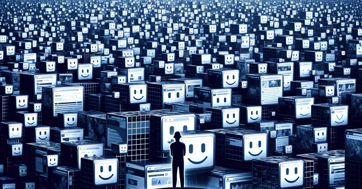 Ein Bild, das die Uniformität des Internets durch KI-Text darstellt, mit identischen Websites und fröhlichem, aber eintönigem Inhalt.