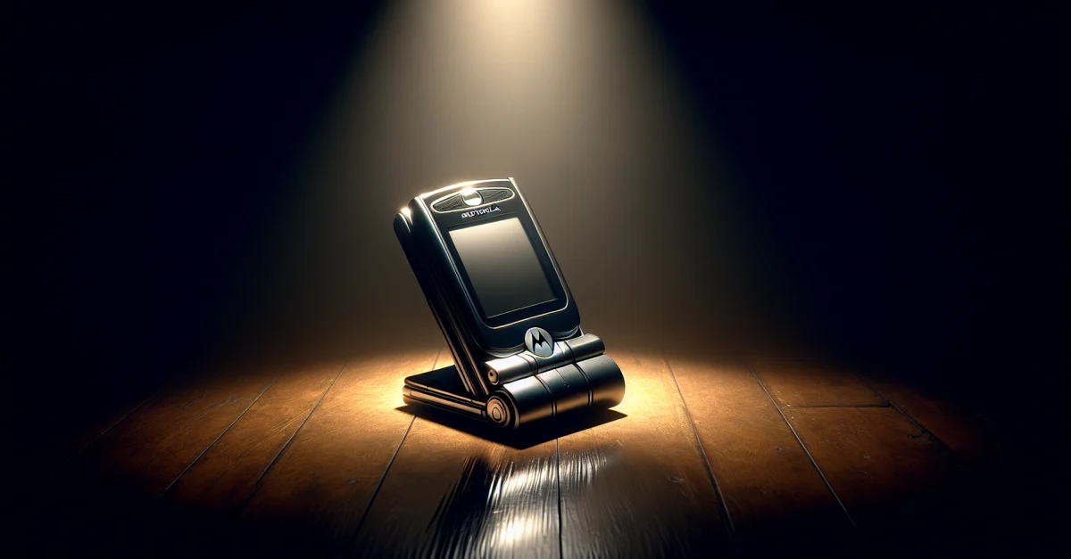 Das Bild zeigt ein Motorola Razr Smartphone in einem schummrigen Umfeld, das die stagnierende Innovation und den Wettbewerb im Smartphone-Markt symbolisiert.