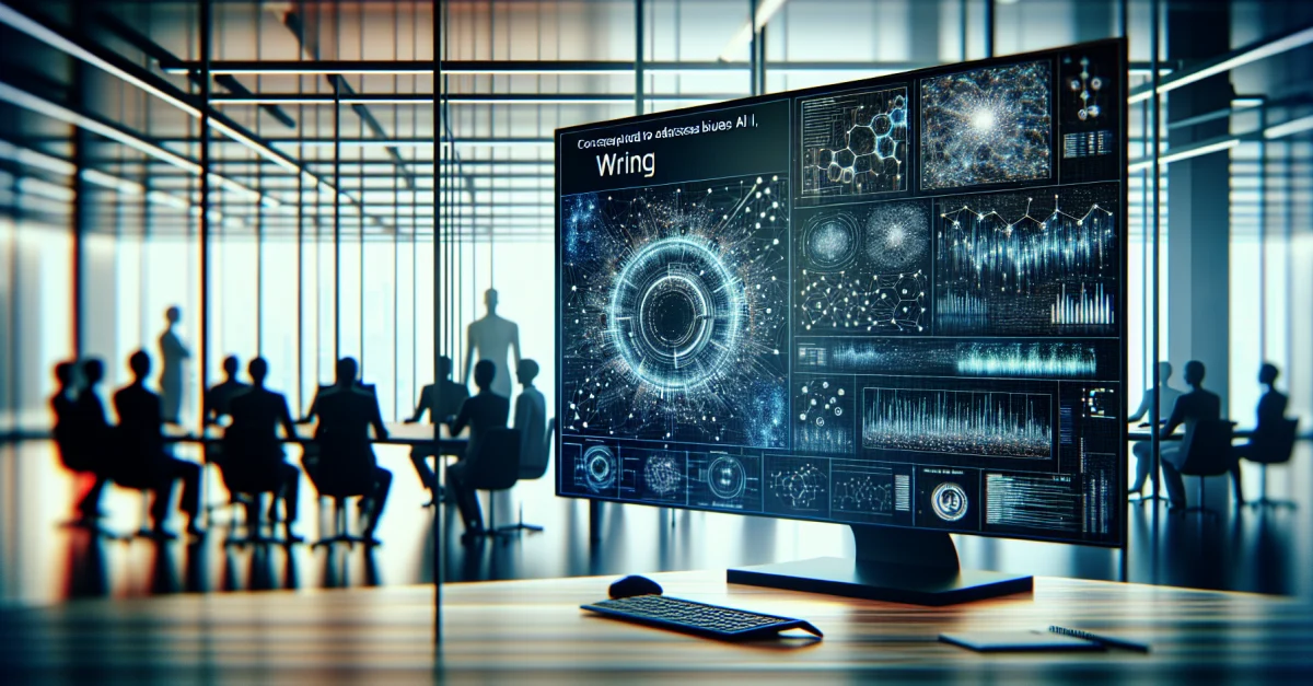 Innovative WRING technology for debiasing AI models in a modern workspace. Emphasizes diversity and collaboration in AI development.