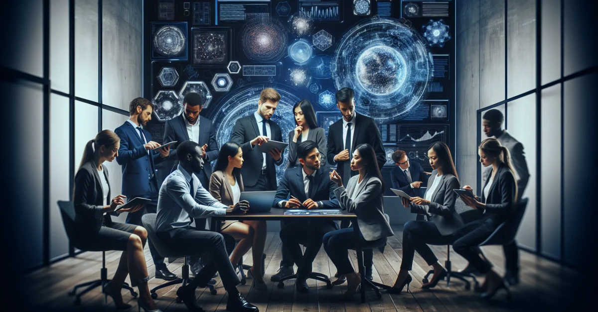 Professionals in einem modernen Büro diskutieren über Apples neue AI-Technologie Ladir, die traditionelle Modelle herausfordert und die Problemlösung revolutioniert.