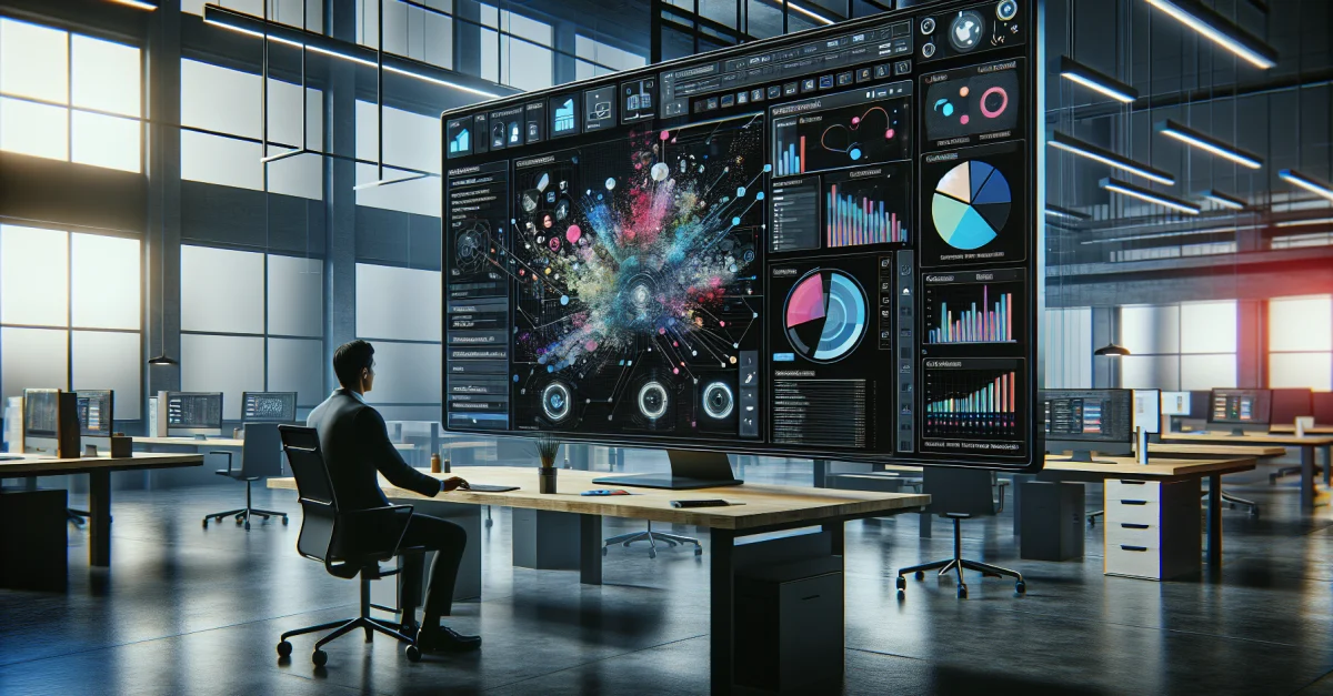 Moderne Büroumgebung, in der ein Benutzer mit Google Gemini Dokumente, Tabellen und Präsentationen direkt im Chat erstellt. Innovative Technologie und Zusammenarbeit.