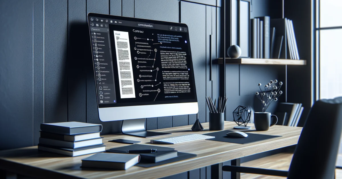 Moderne Büroumgebung mit Computerbildschirm, der einen Vertrag in Microsoft Word zeigt. KI-Integration zur Vertragsprüfung.