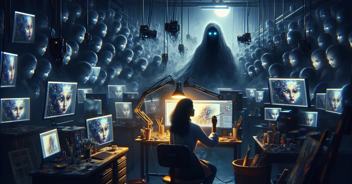 A frustrated artist in a dim workspace surrounded by computers displaying AI-generated art. Symbolizes the outsourcing madness in the creative industry.