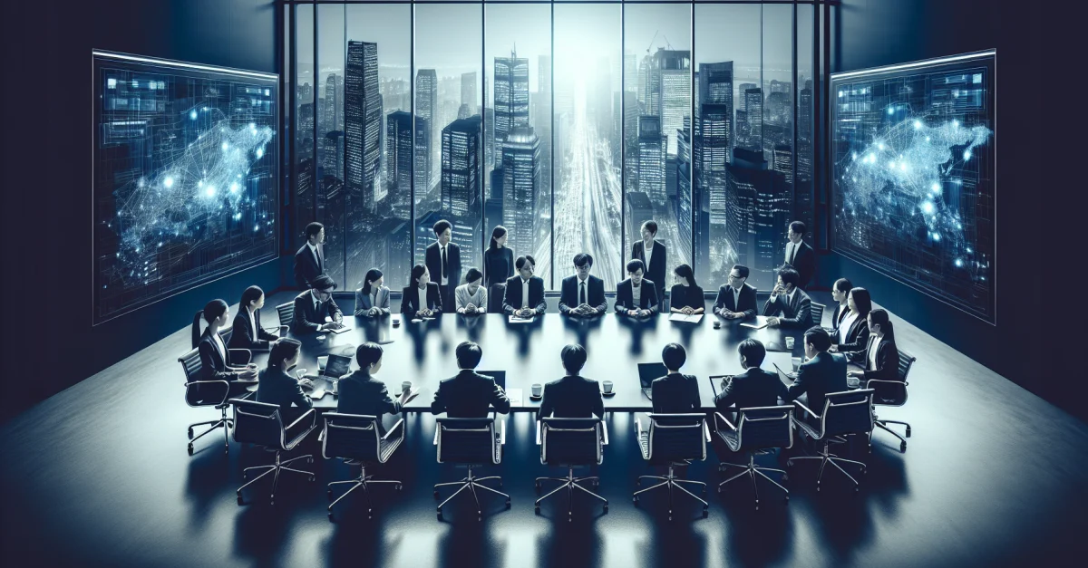 Chinese AI startup founders discuss in a modern conference room about returning to China and facing new regulatory challenges.