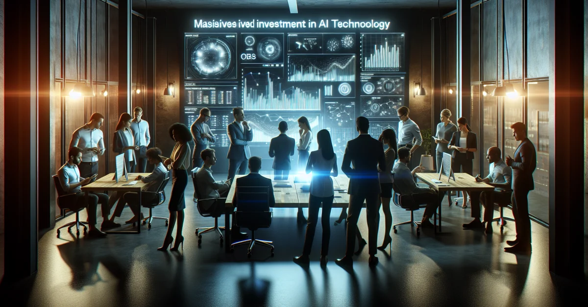 Professionals in a tech office discuss massive investments in AI projected to reach $725 billion in 2024. The atmosphere is tense and innovative.