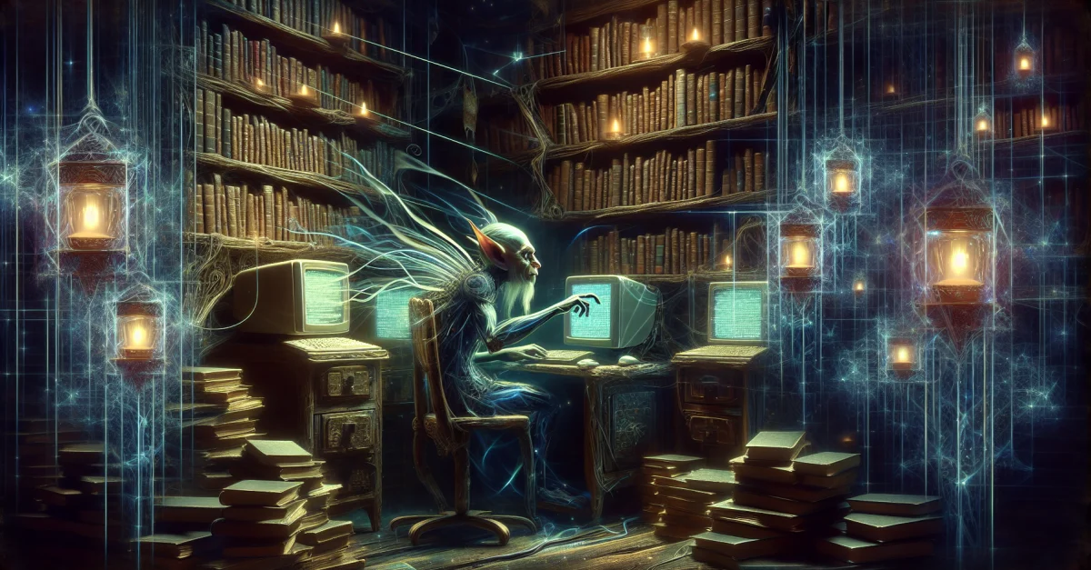 A goblin at a computer in a dark room symbolizes the connection between fantasy and AI training, serving as a warning signal for AI development.