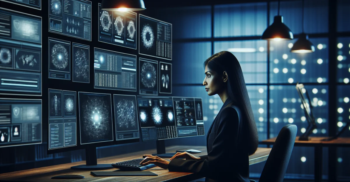 Ein Cybersecurity-Experte analysiert Daten auf mehreren Bildschirmen, um die neuen KI-gestützten Werkzeuge von Anthropic zu zeigen.