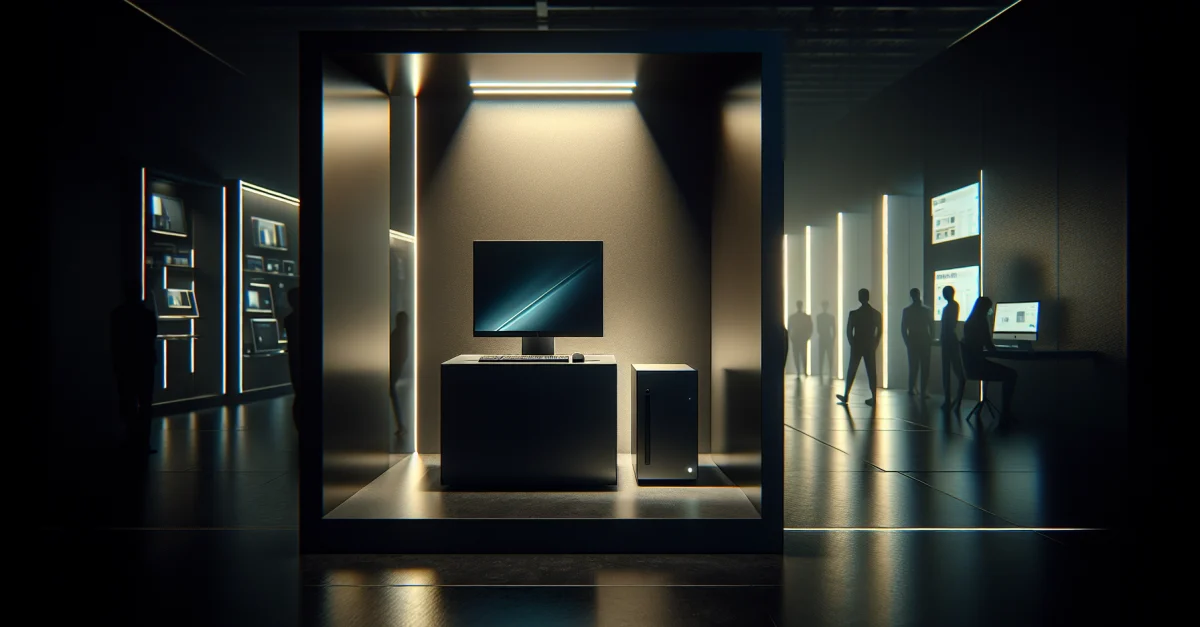 Der neue Mac Mini von Apple steht in einem düsteren Technik-Showroom. Die Preiserhöhung auf 799 Dollar signalisiert Unsicherheit im Markt.