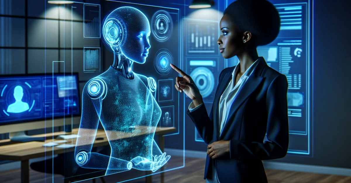 Ein Profi interagiert mit einem holografischen KI-Avatar in einem modernen Büro. Die Szene betont die Bedeutung von KI in der Geschäftswelt.