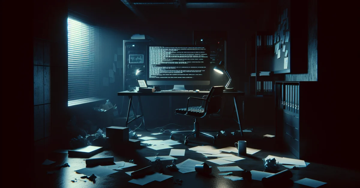 Ein leeres Büro mit einem flackernden Computerbildschirm, der einen Fehler anzeigt. Chaos durch verstreute Papiere und einen umgekippten Kaffeebecher.