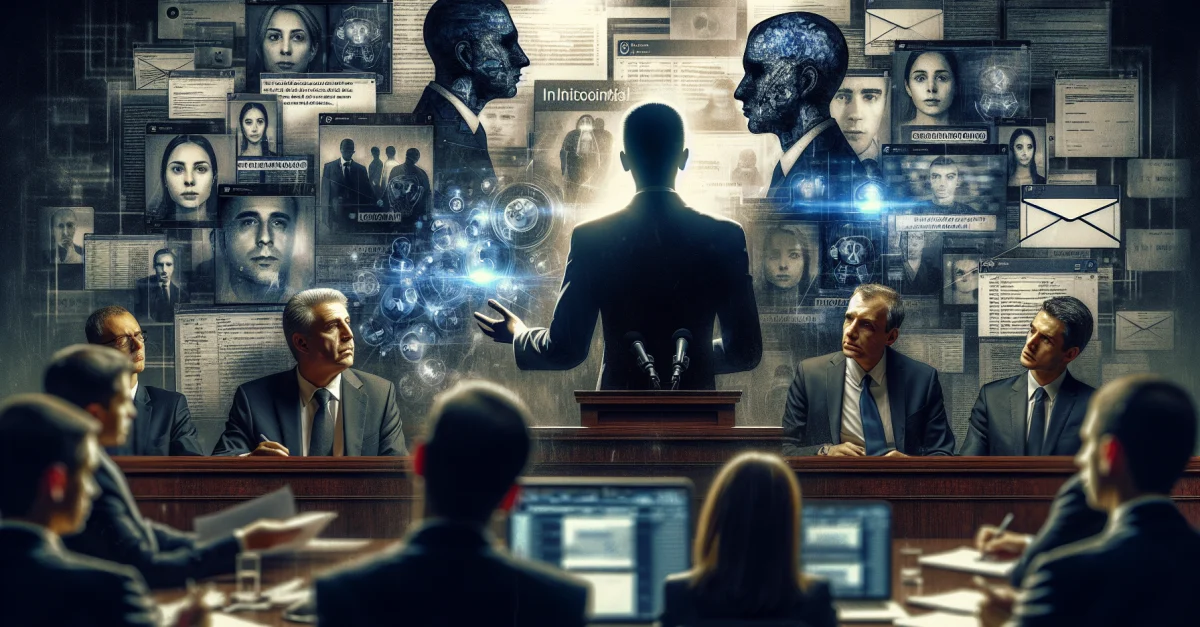 Courtroom scene of the Musk v. Altman trial revealing OpenAI secrets. Lawyers present evidence in a tense atmosphere, highlighting the stakes involved.