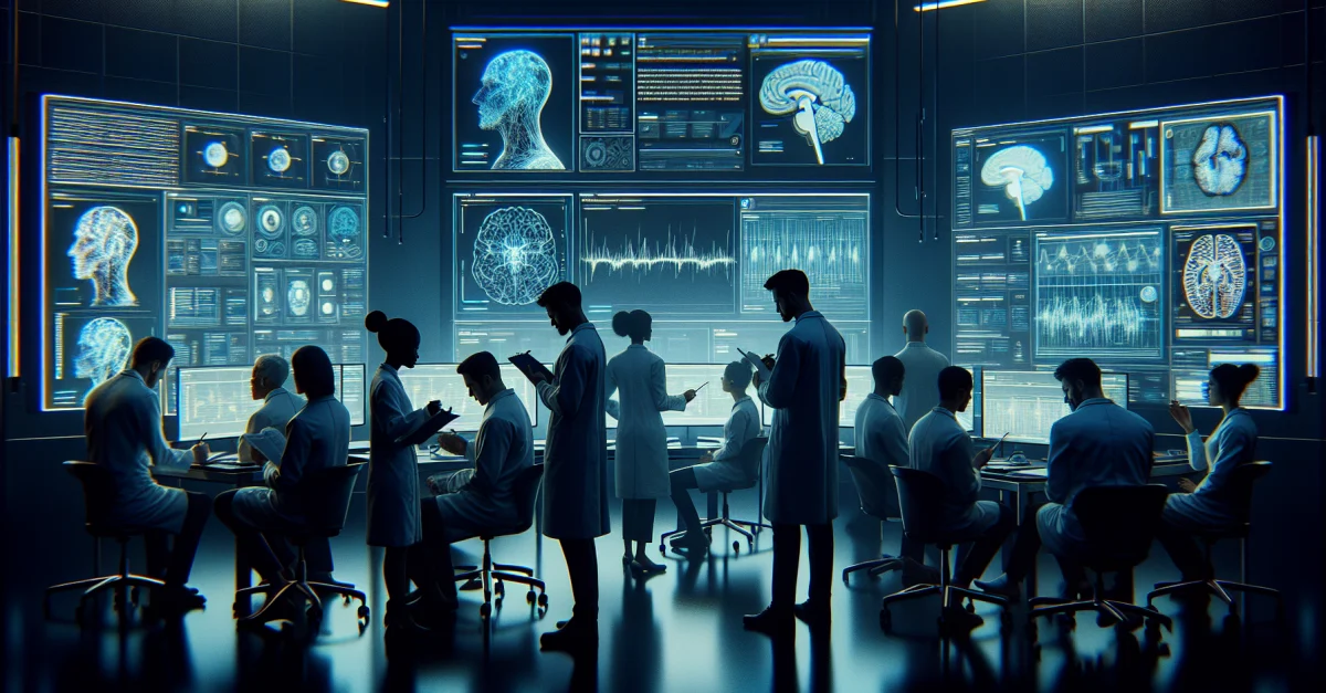 Neuroscientists diskutieren über die Risiken von KI-Waffen in einem modernen Labor, umgeben von Technologie und Diagrammen zur Entscheidungsfindung.