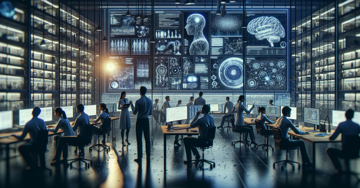 Research lab with scientists discussing AI models, illustrating the competition between the US and China in the field of artificial intelligence.