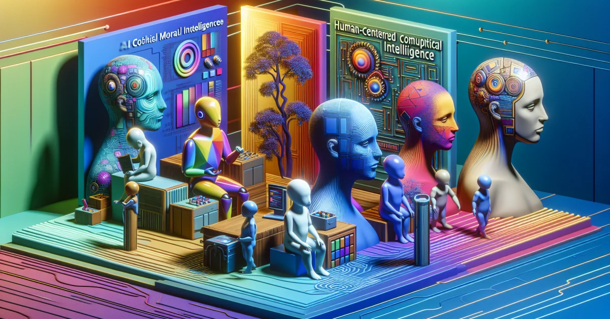 An illustration of AI models symbolizing different moral perspectives, highlighting the ethical challenges in AI development.