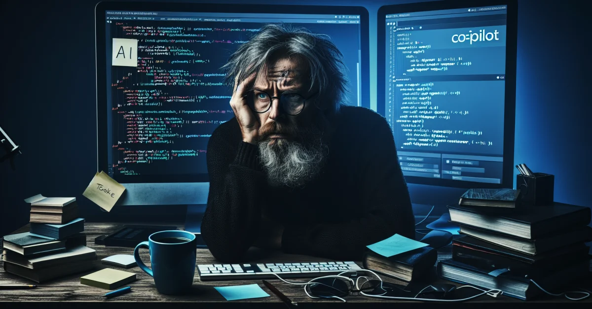 A frustrated software developer in front of a computer screen showing unexpected AI interventions in code. A chaotic workspace highlights the growing concerns.
