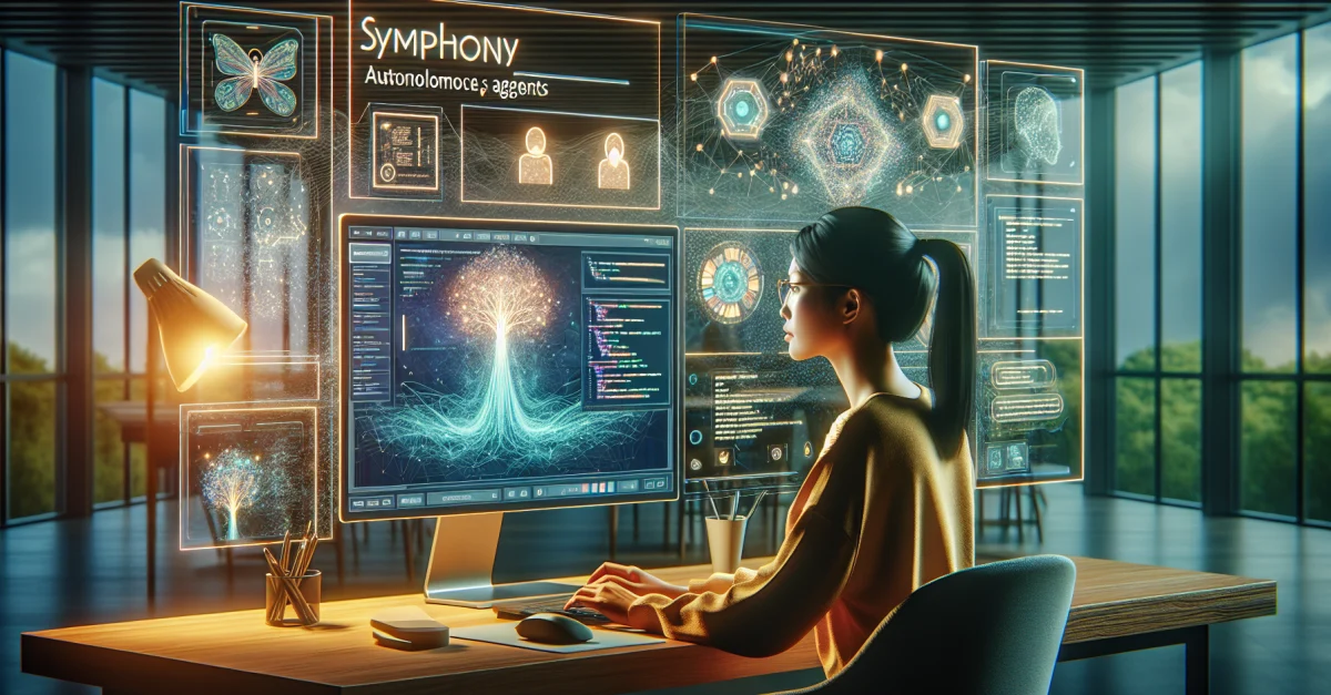 Ein Entwickler arbeitet an einer modernen Benutzeroberfläche zur Optimierung von KI-Workflows mit autonomem Agentenmanagement. Die Szene strahlt Innovation aus.