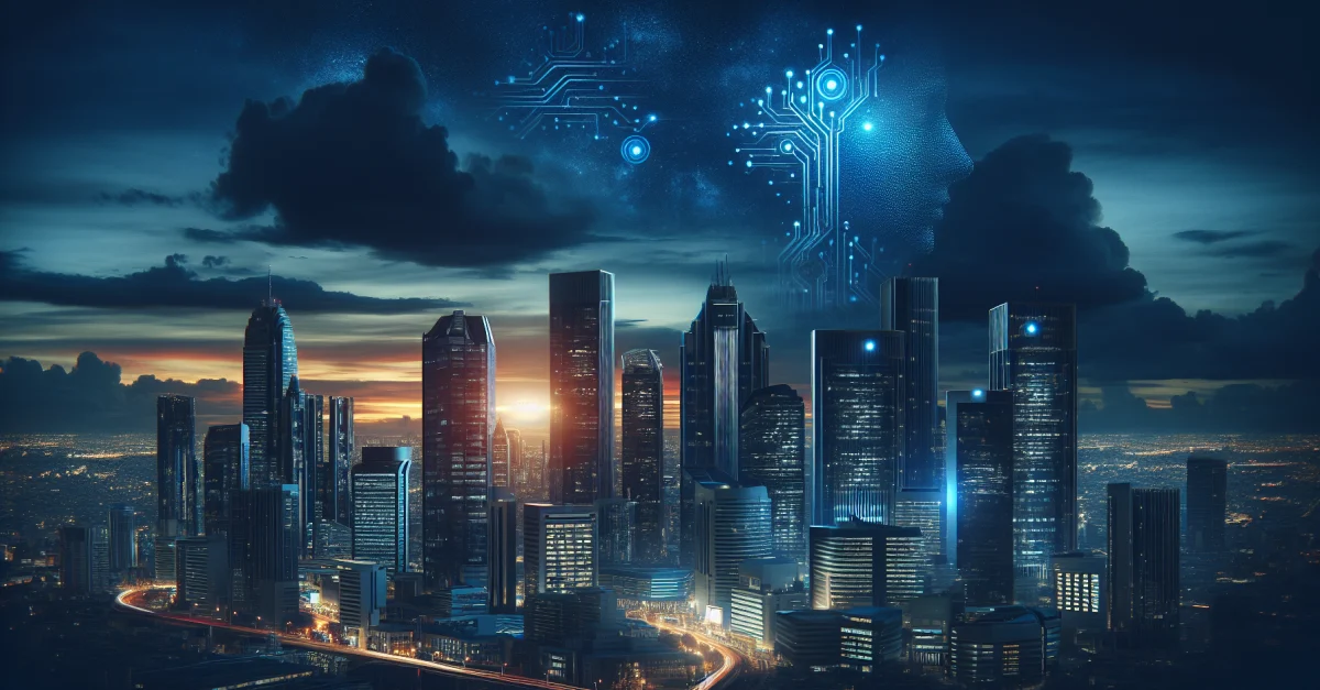 Futuristische Stadtansicht bei Dämmerung, die Innovation und Technologie symbolisiert, mit modernen Gebäuden und einem dramatischen Himmel.